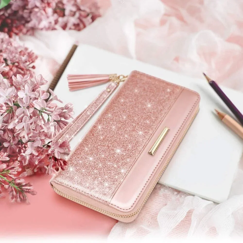 Women Wallet PU Leather Glitter Card Holder Organizer Clutch with Tassel